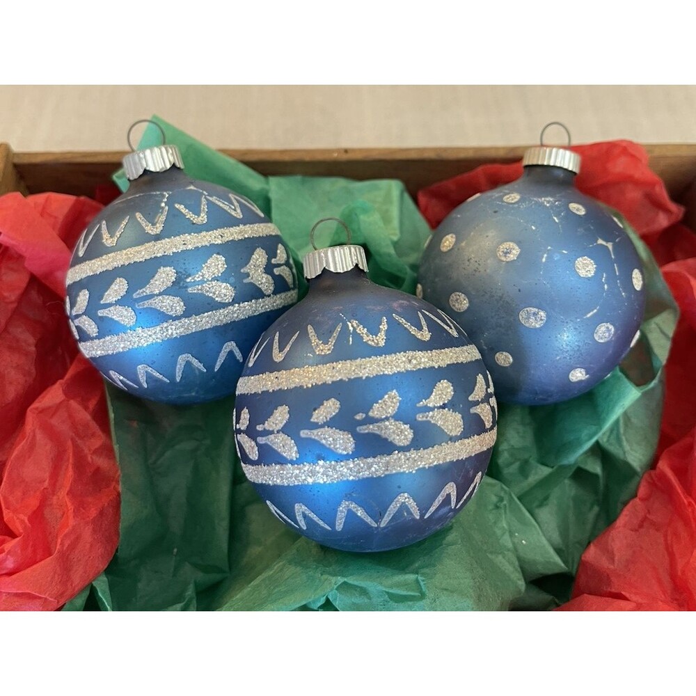3 VTG Shiny Brite Mercury Glass Ornaments Blue W Glitter Swirl & Polka Dot